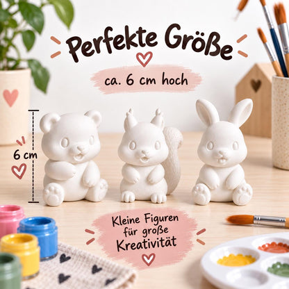 3er Set Figuren zum Bemalen - Hase - Bär - Eichhörnchen – Kreativset für Kinder & Erwachsene – Dekofiguren zum Selbstgestalten